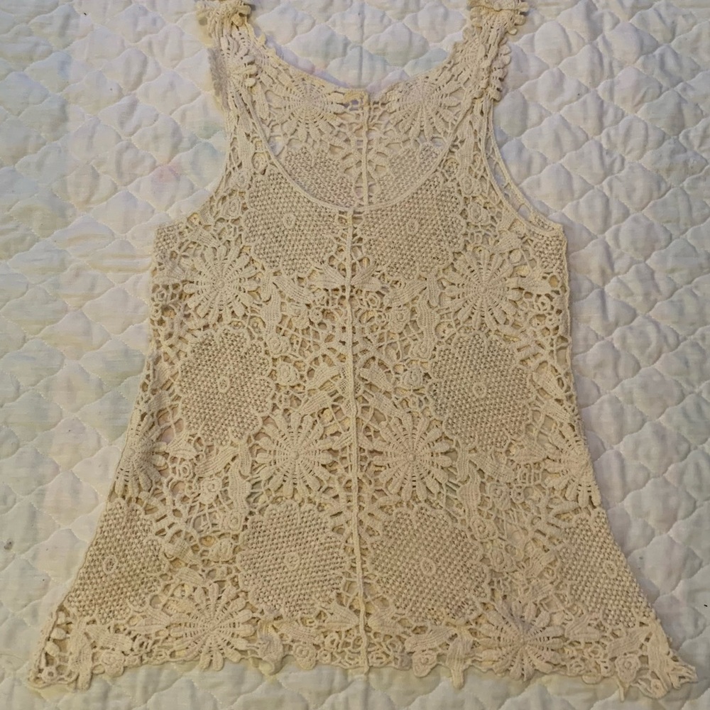 Tan Floral Asymmetrical Crochet Tank Top